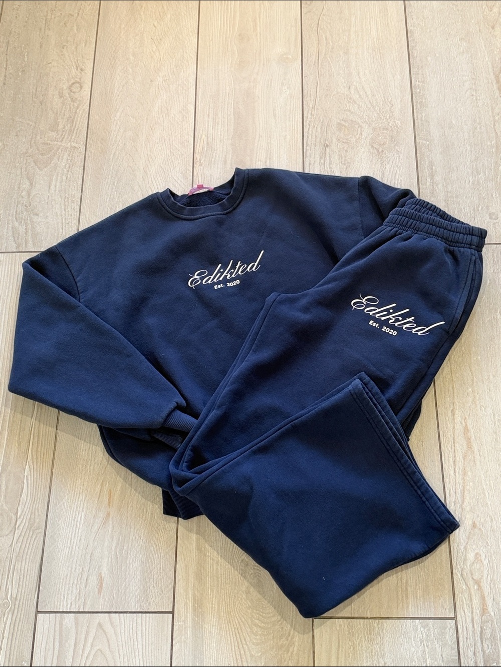 Edikted Navy Crewneck Sweatshirt & Wide Leg Sweatpants Matching Set XS